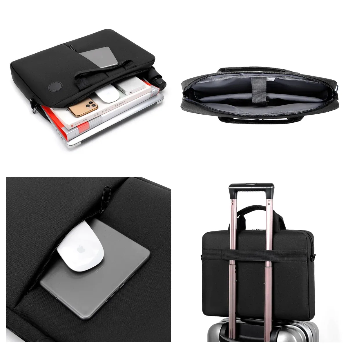 sacoche polyester noire homme bandoulière poignée souple fermeture éclair poches latérales documents ordinateurportable voyage business