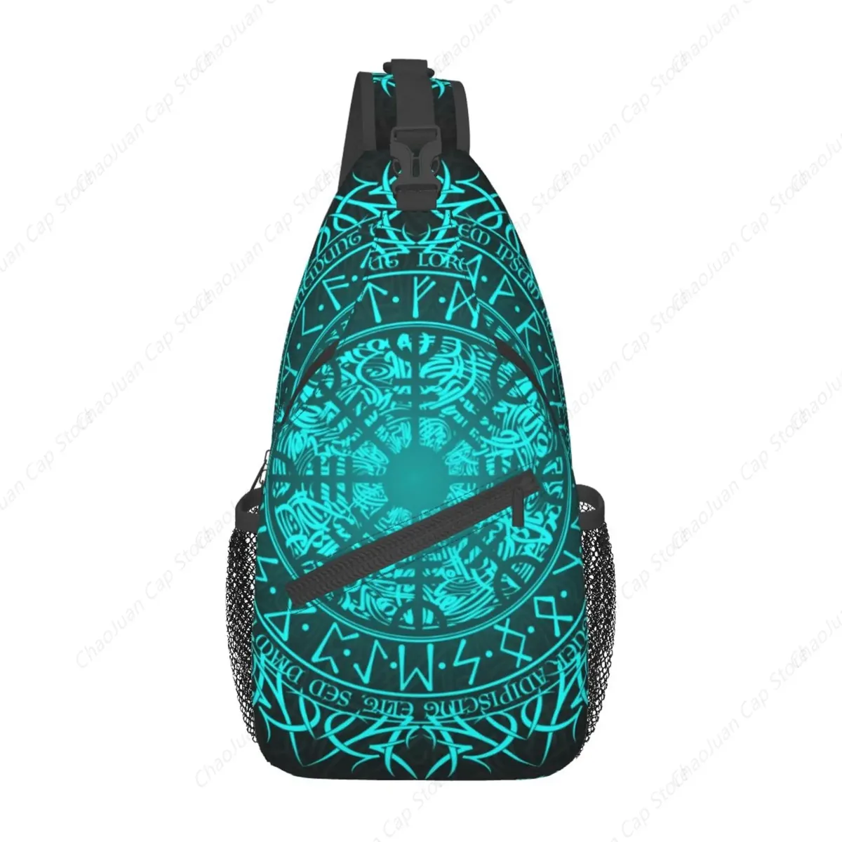 sac dos polyester motif ethnique bleu clair fond noir symboles lettrages stylisés poche principlale avant bandoulière fixation ajustable voyage sport trapézoïdale