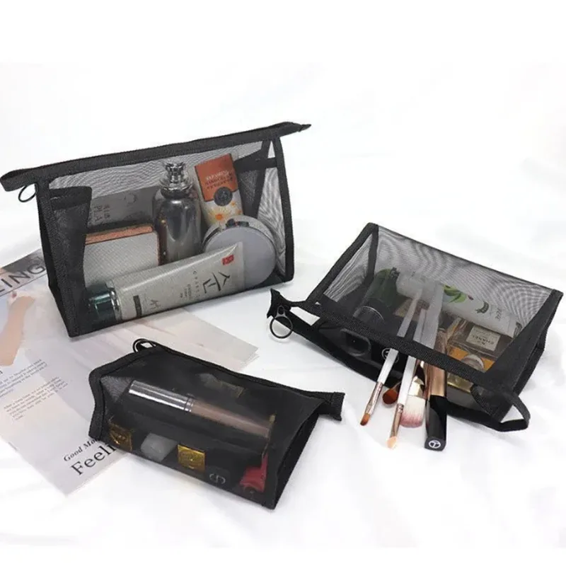sacs à cosmétiques transparents en maille, petite et grande trousse de maquillage noire, trousse de toilette de voyage portable, trousse de rangement pour rouge à lèvres, poudres, 1pc