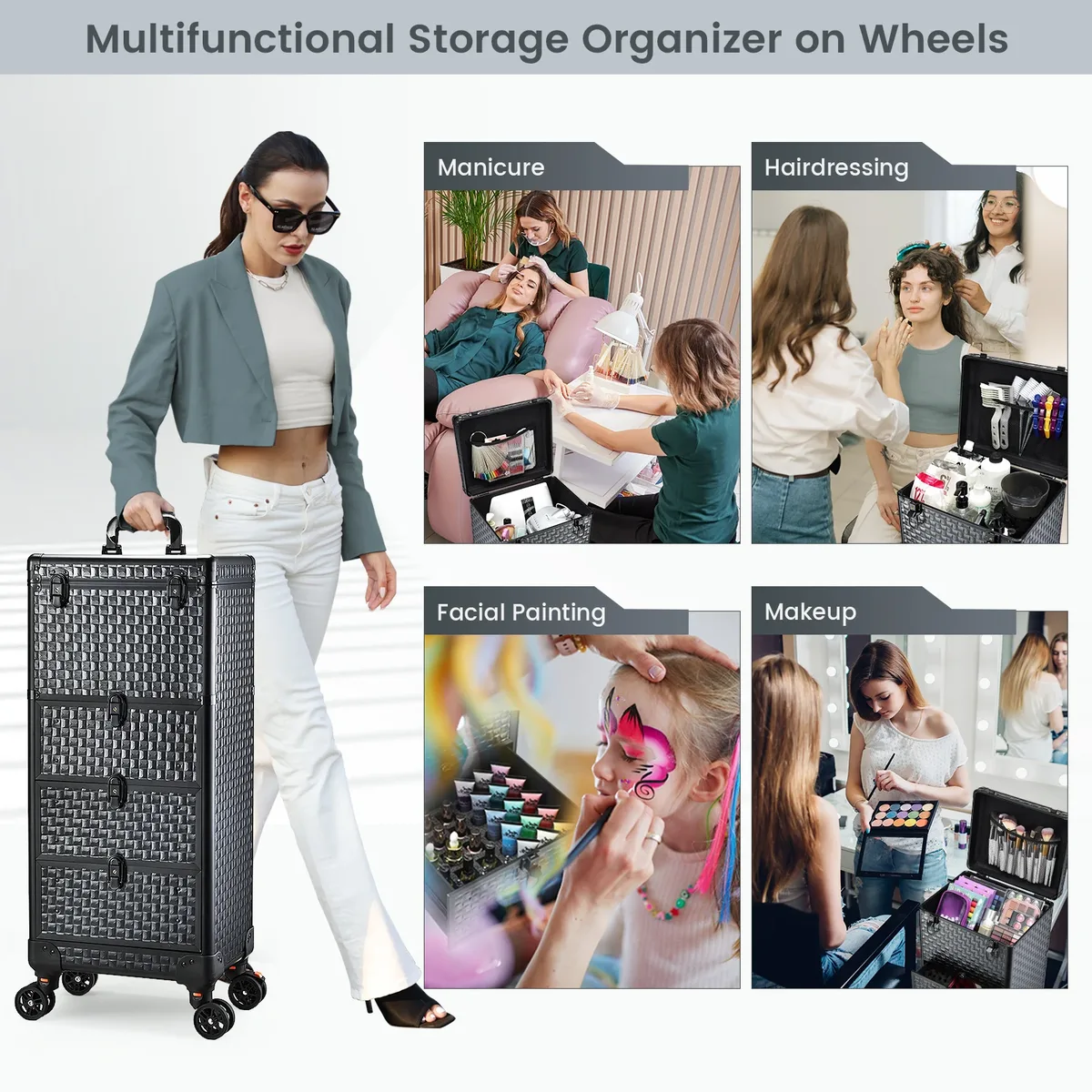 trolley de maquillage professionnel à roulettes avec 3 grands tiroirs, valise de cosmétologie, station de salon, chariot de rangement pour outils de coiffure et de maquillage, table de manucure roulante pour coiffeur et maquilleur