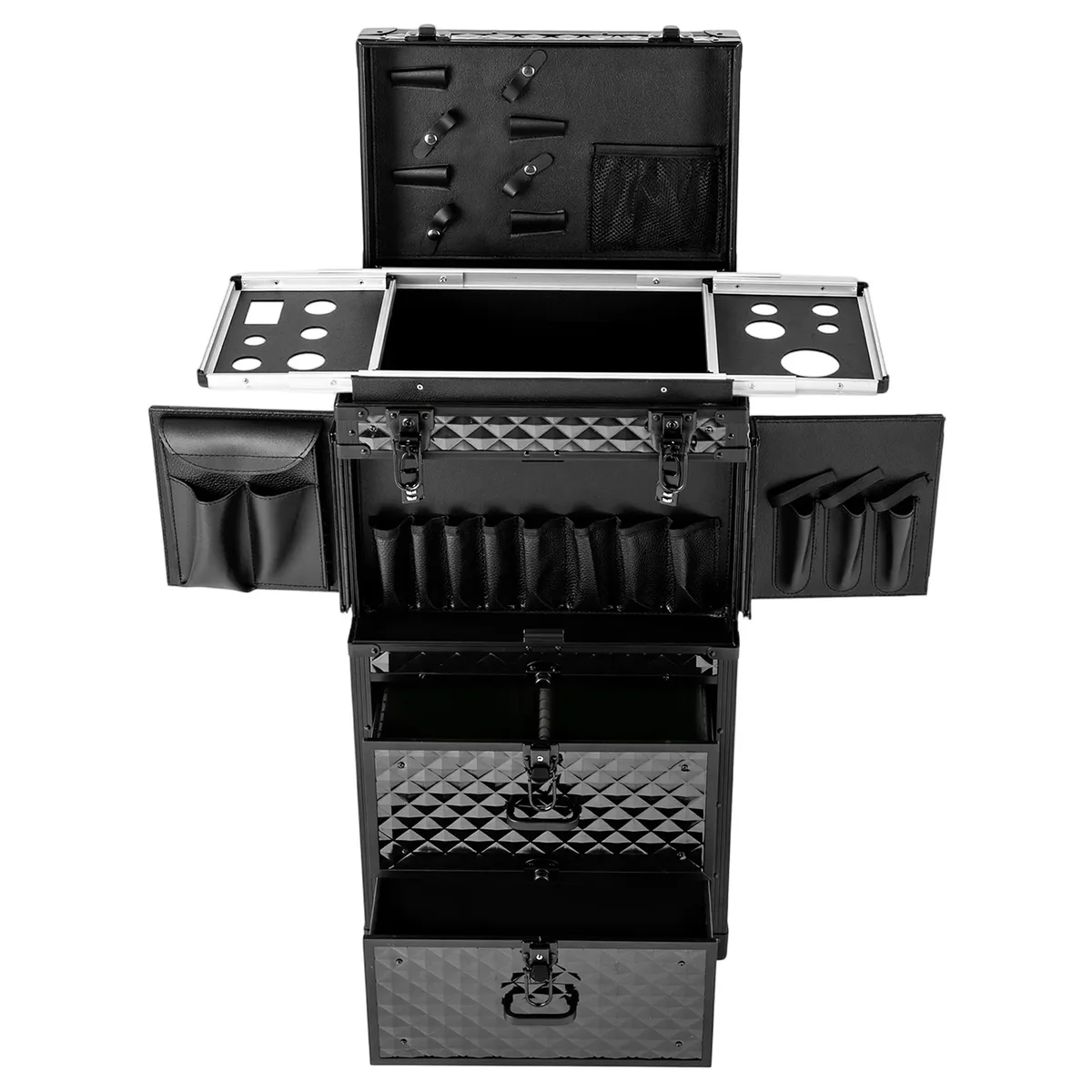 valise de maquillage verrouillable bymaocar, trolley de salon de beauté multi-niveaux en aluminium et abs, design cube d'eau, grande capacité, organisateur avec 2 tiroirs, supports pour ciseaux, 6 clés, serrure intégrée, verrouillage par mot de passe