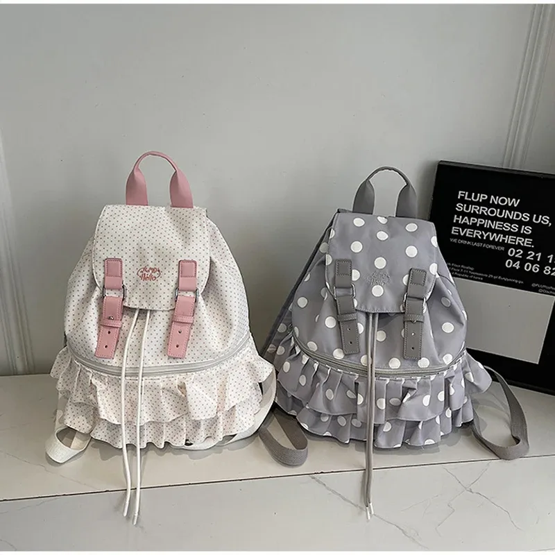 sac à dos coréen à pois grande capacité, sac d'école mignon pour fille, sac de voyage décontracté avec rabat à volants, sacoche pour ordinateur portable