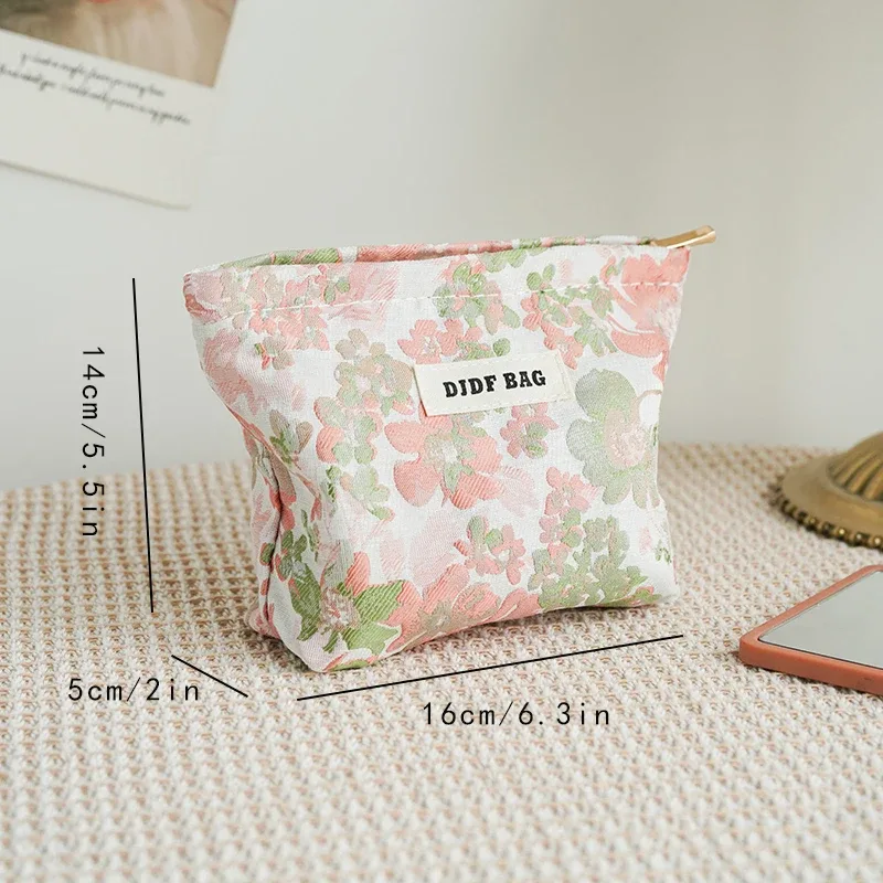 trousse polyester motif floral fleurs roses vertes fond blanc fermeture éclair voyage femmes cosmétiques maquillage sac rectangulaire