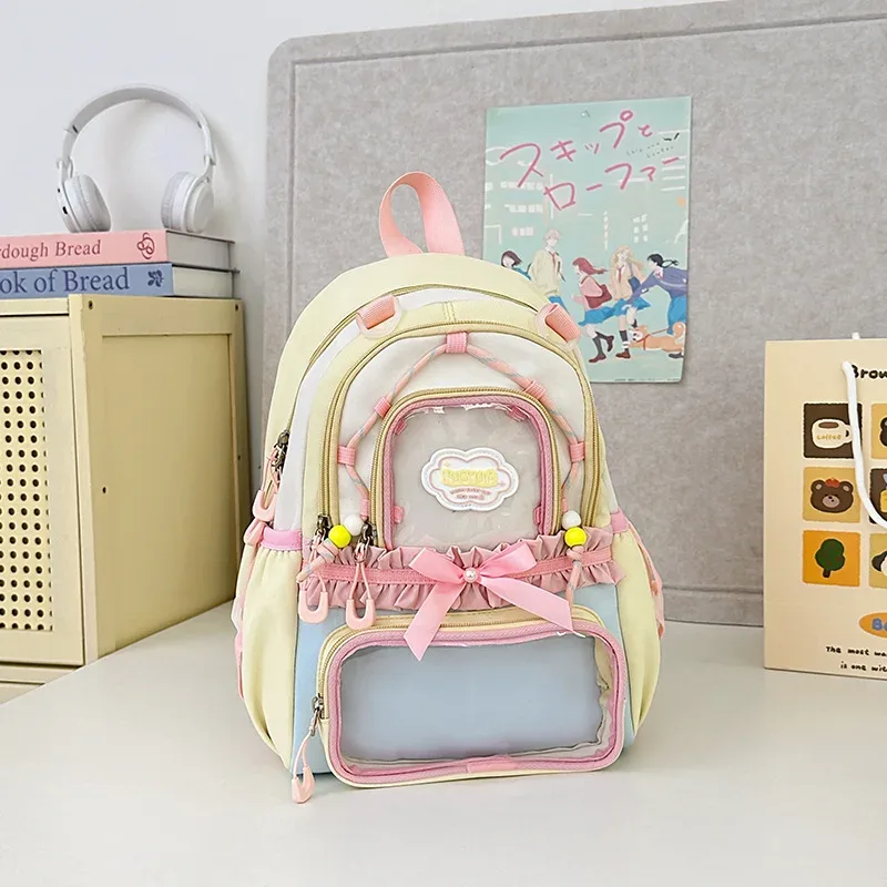 sac à dos coréen à nœud papillon, grande capacité, esthétique soignée, couleur transparente contrastante, pour l'école