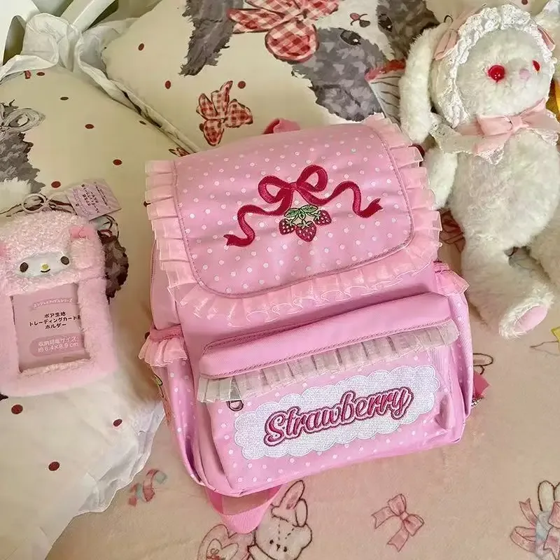 sac dos nylon rose motif fruits fraises broderie dentelle patchwork usage école décontracté femmes
