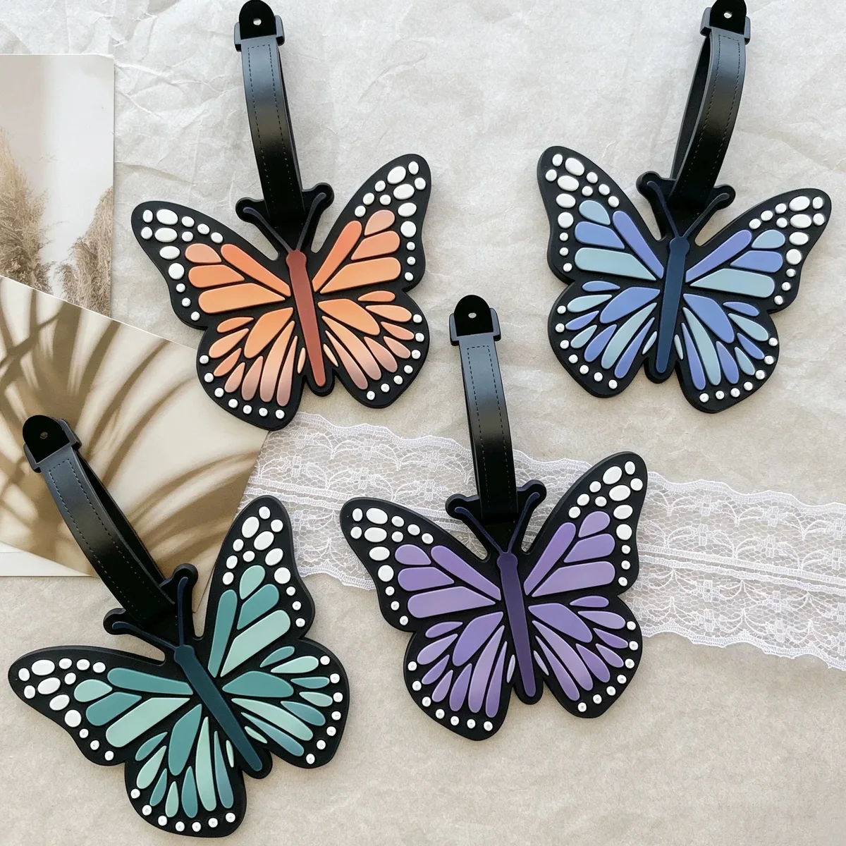 étiquette de bagage en silicone esthétique dégradé motif papillon, étiquette nominative anti-perte, identification pour valise et sac à dos de voyage