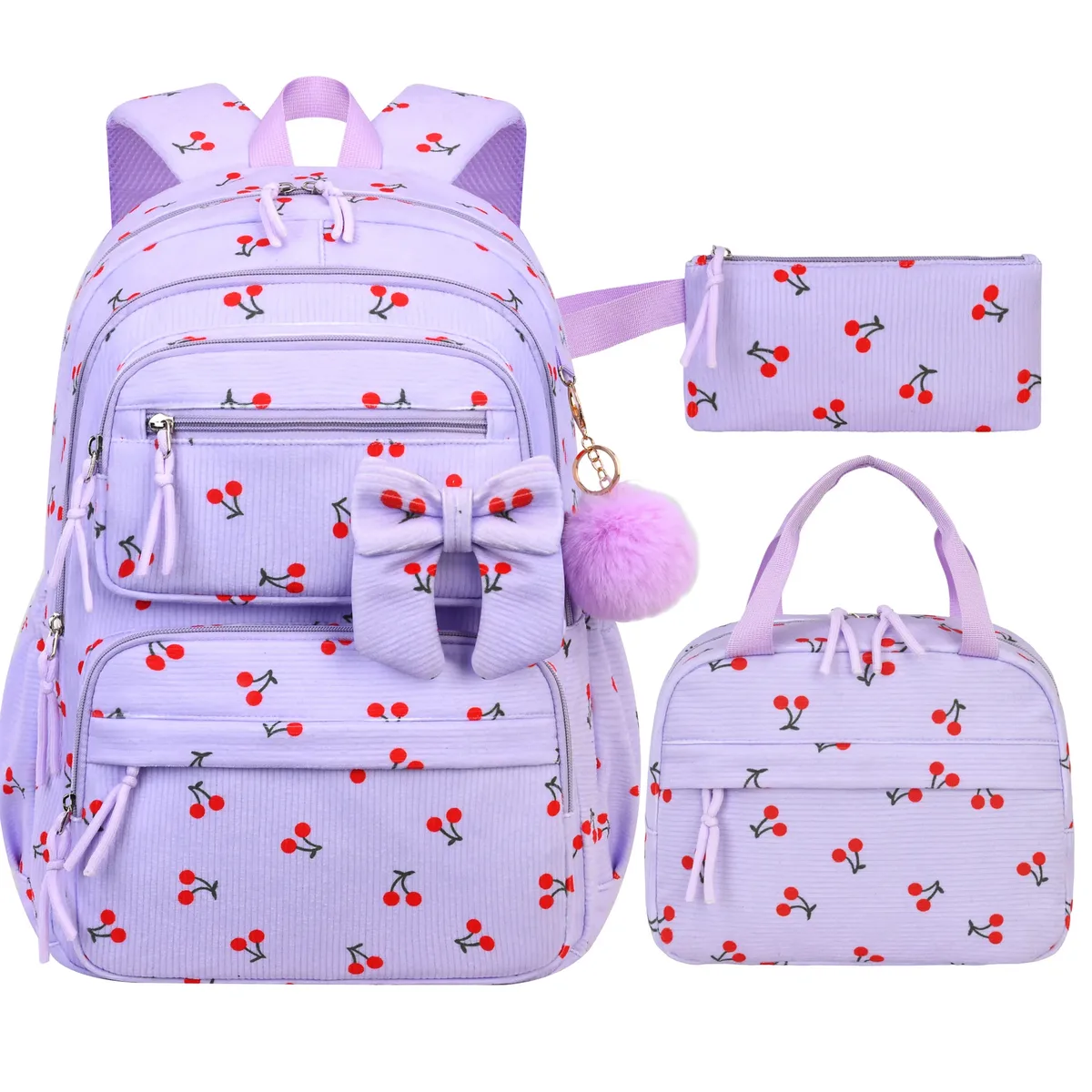 sac à dos d'école pour filles, motif cerise, sac à dos en velours côtelé pour écolière primaire, sac à livres pour enfants, sac à déjeuner, trousse à crayons, 3 pièces/ensemble
