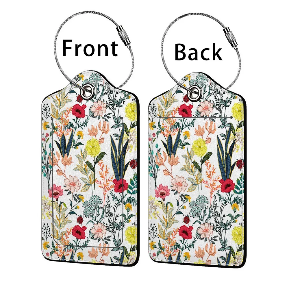 étiquette bagage polyuréthane motif floral subtil fond beige anneau métallique voyage affaires identification nom adresse
