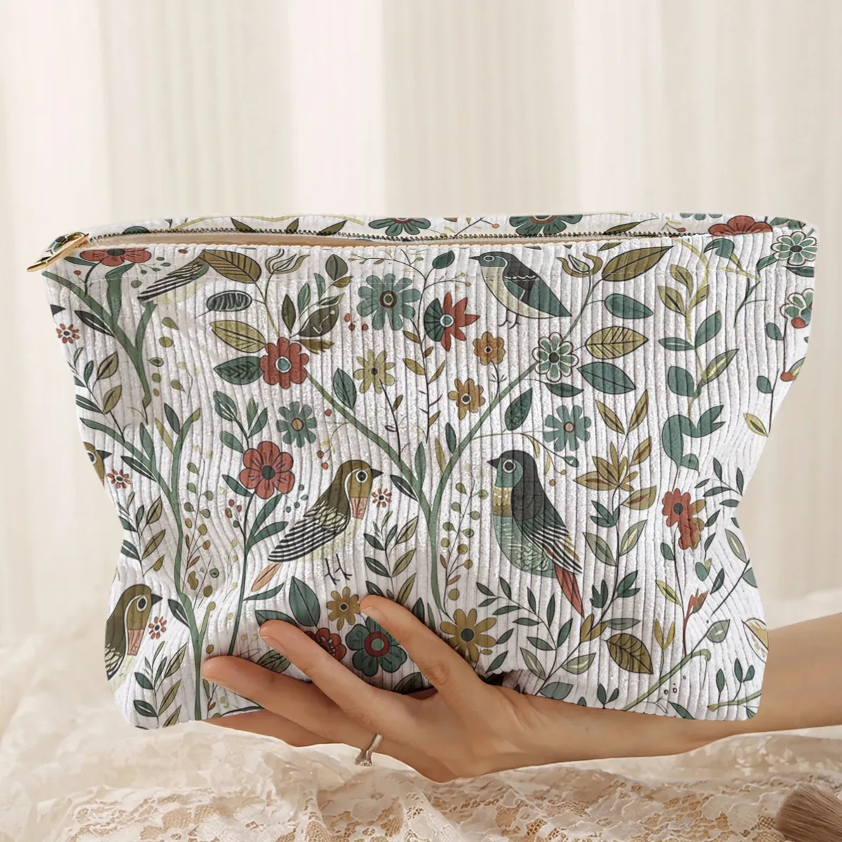 1 pièce, trousse de maquillage en velours côtelé avec motif d'oiseaux et de branches, légère et multifonctionnelle pour le rangement des cosmétiques.
