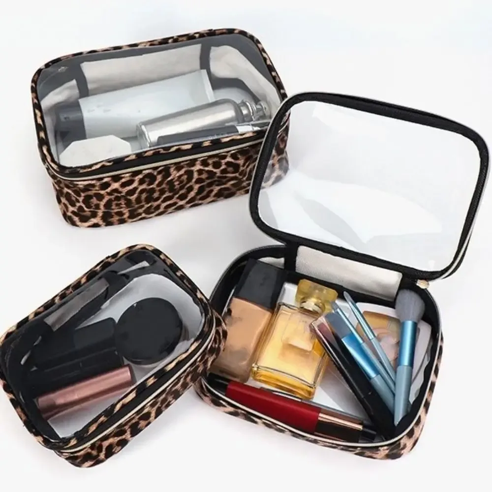 Sac de maquillage imprimé léopard, sac à cosmétiques de voyage Transparent et étanche avec fermeture éclair, sac de rangement de grande capacité
