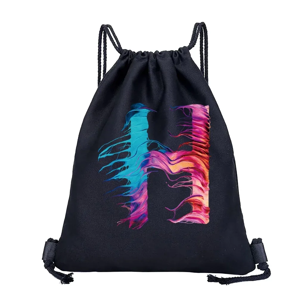 sac dos lin noir motif multicolore compact pliable cordon serrage poignées souple grande capacité sports plein air harajuku polyvalent