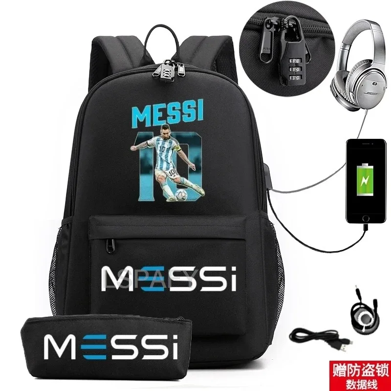 sac à dos messi tendance (lot de 2) – anti-vol, unisexe, simple, pour ordinateur portable, avec port usb, grande capacité, idéal pour les voyages, l'école, les garçons et les filles