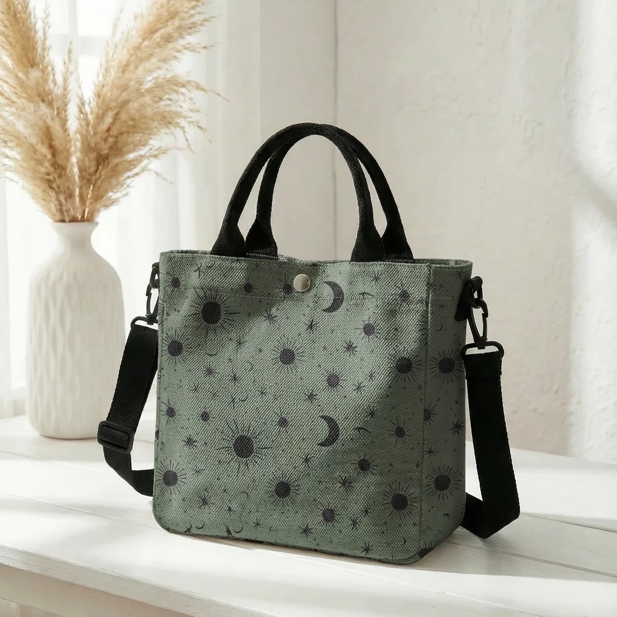 sac fourre-tout violet imprimé soleil, lune et étoiles, avec bandoulière amovible, sac à main pour femme, pour les courses quotidiennes