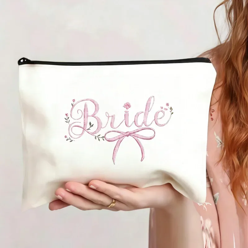 pochette de maquillage exclusive pour la mariée, motif nœud aquarelle, pochette de rangement légère, sac de voyage à thème mariage, idéal comme cadeau romantique pour la mariée