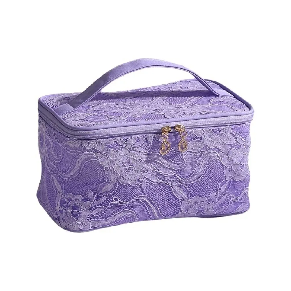 trousse de maquillage élégante en dentelle couleur unie florale avec poignée, sac de rangement cosmétique multifonctionnel grande capacité, trousse de toilette pour fête