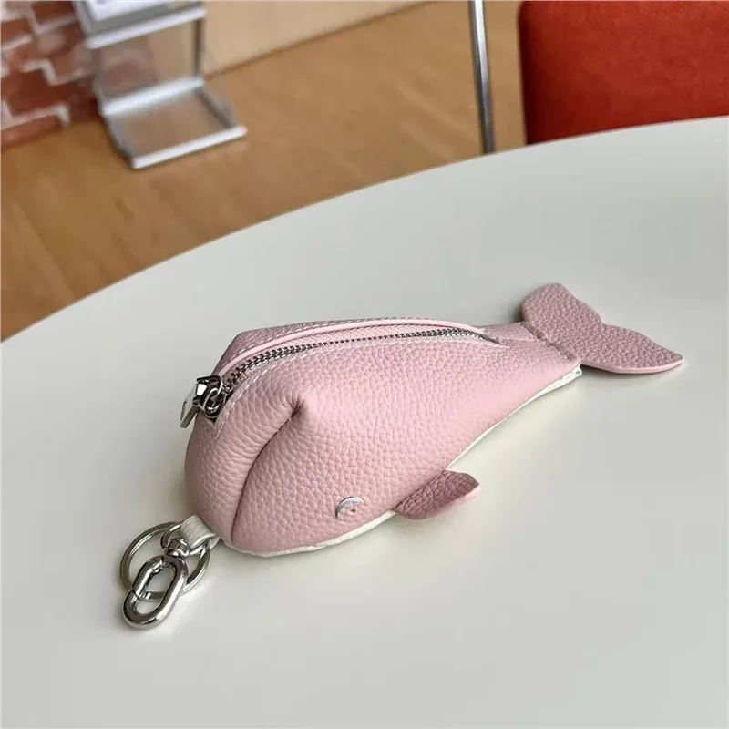 porte-clés en cuir à fermeture éclair, organisateur de pièces de monnaie violettes en cuir de vache, porte-monnaie en forme de baleine pour hommes et femmes