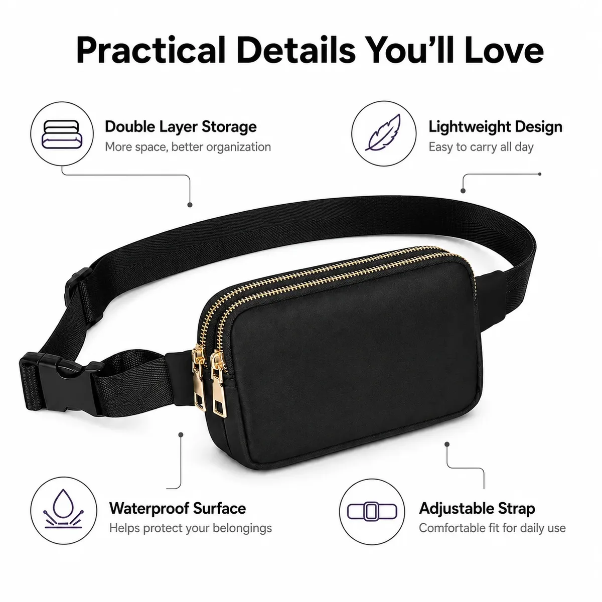 sac banane double fermeture éclair pour extérieur, randonnée, voyage, réglable, étanche, petit sac à bandoulière