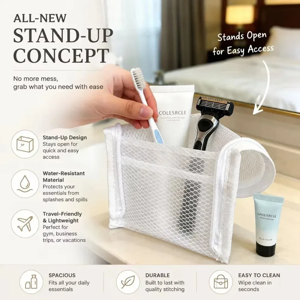trousse de toilette de voyage en maille, organisateur portable pour brosse à dents et cosmétiques, pochette de rangement pour pinceaux de maquillage, trousse de lavage pour salle de bain
