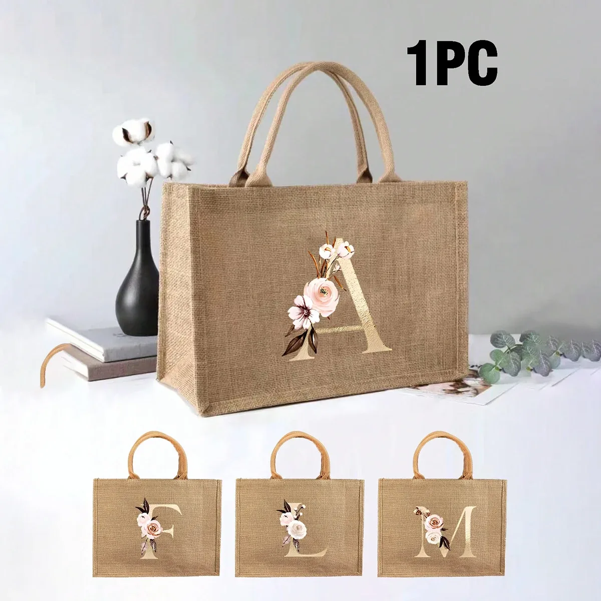 Nouveau sac à main élégant en lin à motif lettres dorées, sac à main portable multifonctionnel, sac en lin, sac à main simple grande capacité, sac de rangement décontracté portable, sac de courses multifonctionnel, nouveau design, grande capacité, parfait pour le shopping