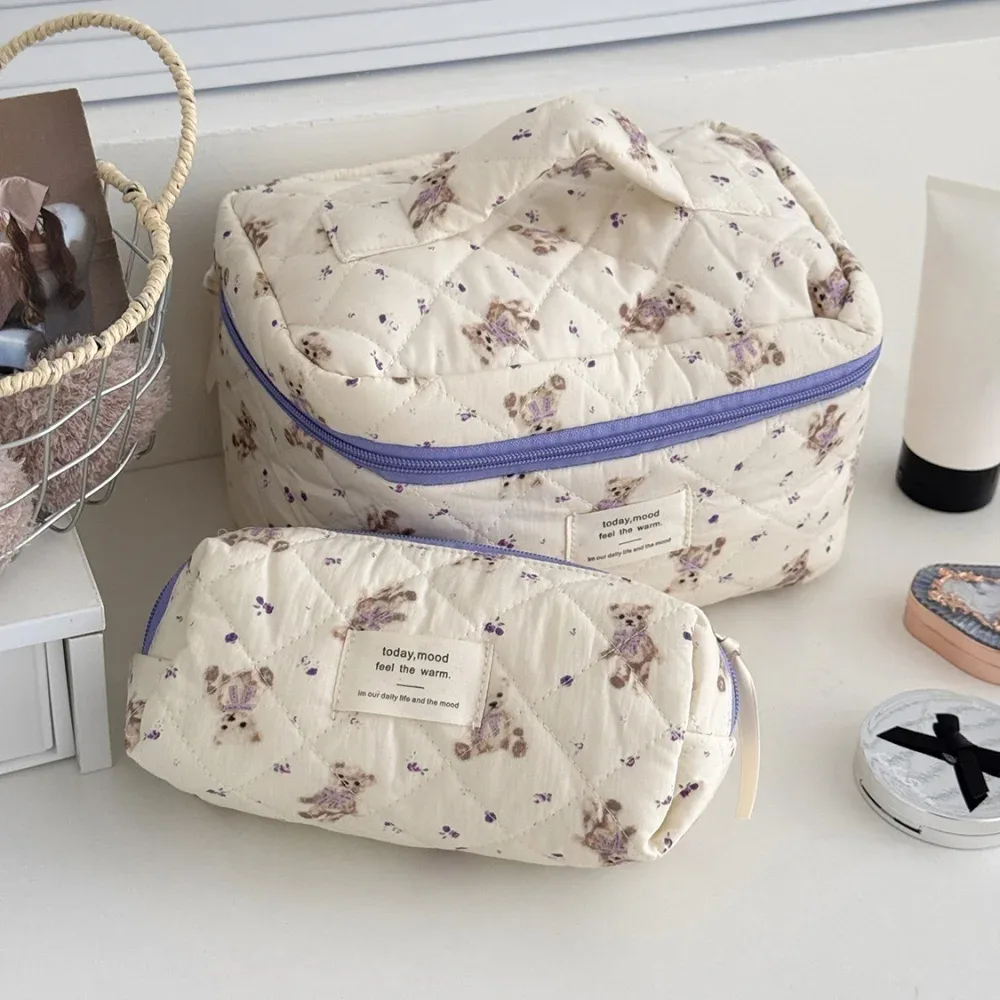 sac de maquillage ours de dessin animé pour femmes, grande capacité, mignon organisateur de voyage, pochette matelassée, sac à main de rangement de toilette pour dames