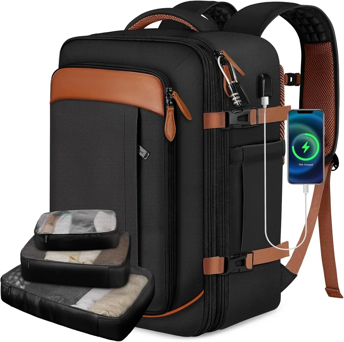 grand sac à dos de voyage extensible pour femmes et hommes, sac à dos pour ordinateur portable de 40 l avec 3 cubes de rangement et sac à chaussures, résistant à l'eau