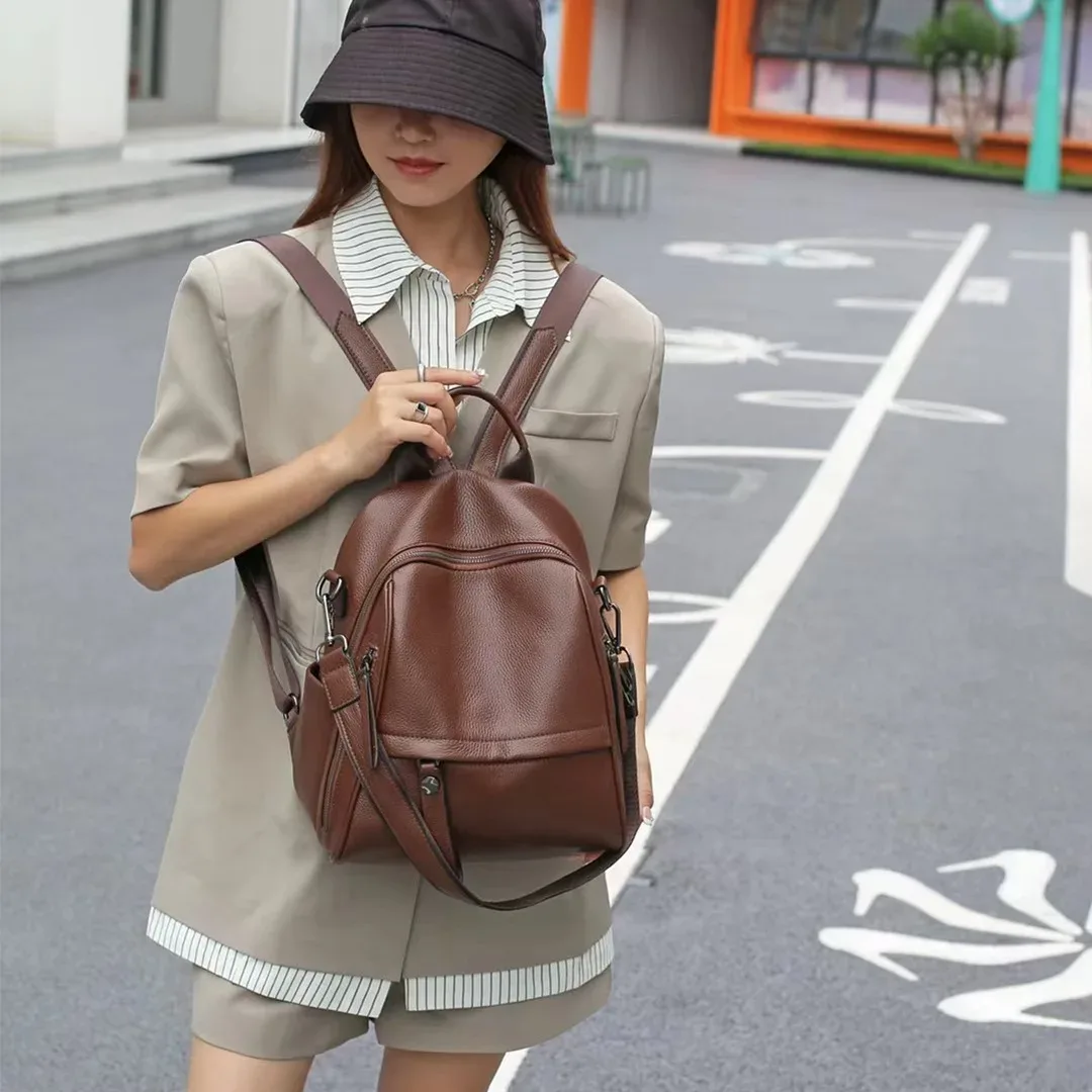 sac à dos en cuir véritable pour femme, sac à dos de voyage, grand sac à dos, peau de vache vintage, école universitaire, fille, café, décontracté, 03