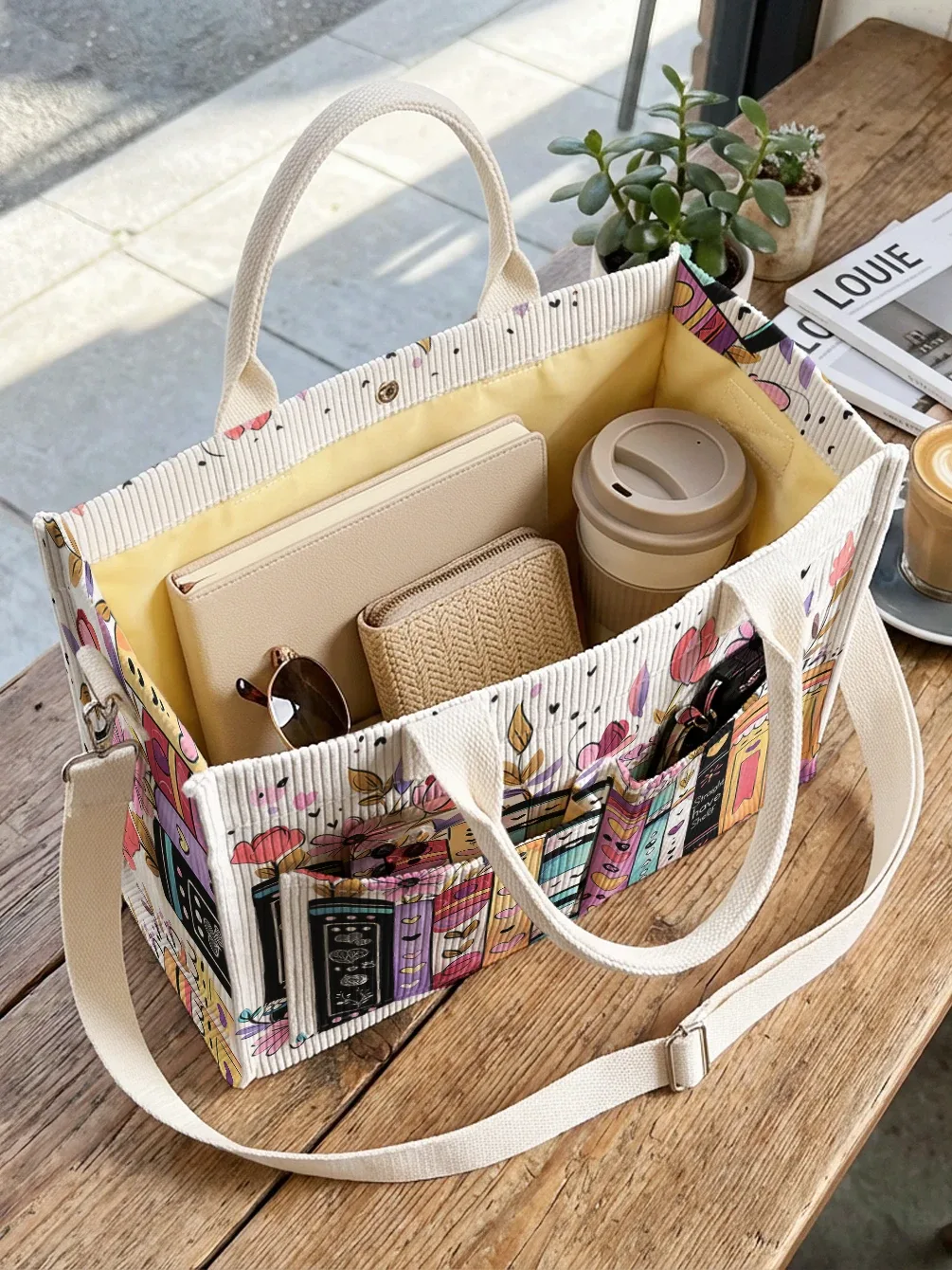 sac fourre-tout en velours côtelé imprimé livres et fleurs colorés, grande capacité, multi-poches, sac à bandoulière pour les trajets quotidiens