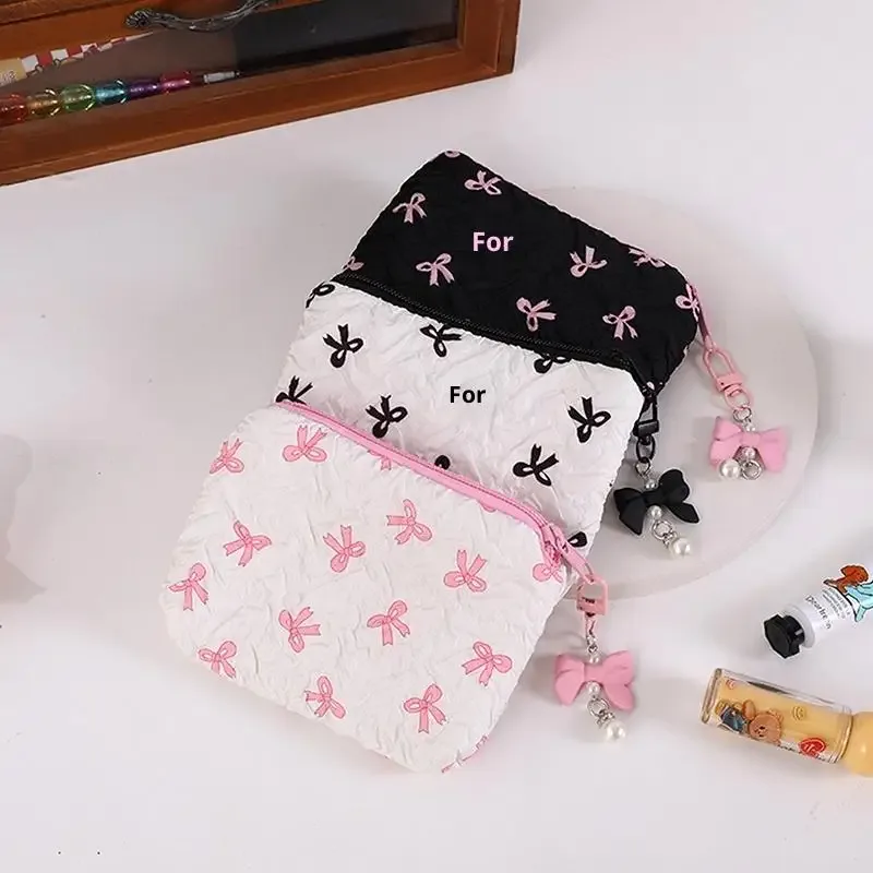 trousse de maquillage en tissu avec nœud mignon, pochette cosmétique pour femme, organiseur de voyage portable pour rouge à lèvres et écouteurs, petite pochette de rangement