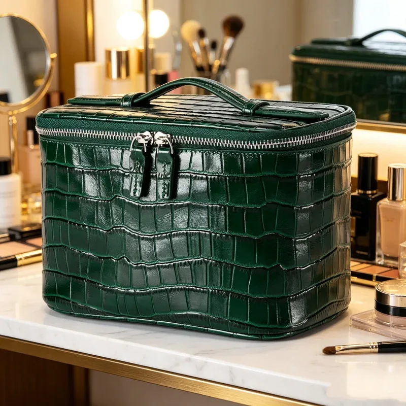 trousse toilette cuir vache violet noir vert motif crocodile multi compartiments fermeture éclair nylon impression voyage femmes