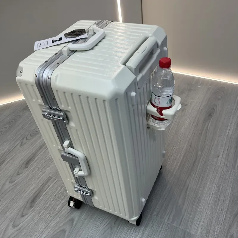 nouvelle valise cadre en aluminium bagage roulant avec porte-gobelet porte-cabine matériau pc valise sur roulettes grande capacité
