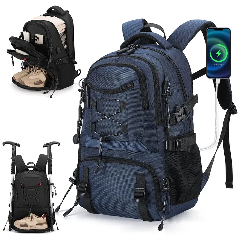 sac à dos d'escalade usb pour ordinateur portable, sac à dos léger avec sac à chaussures, sac à dos de camping en plein air, sac à dos de randonnée, cartable de sport et de gym