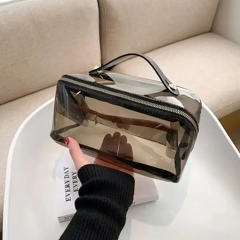 grande trousse de maquillage transparente en forme d'oreiller avec fermeture éclair, sac de toilette pour femme, imperméable, poignée supérieure, sacs de toilette transparents