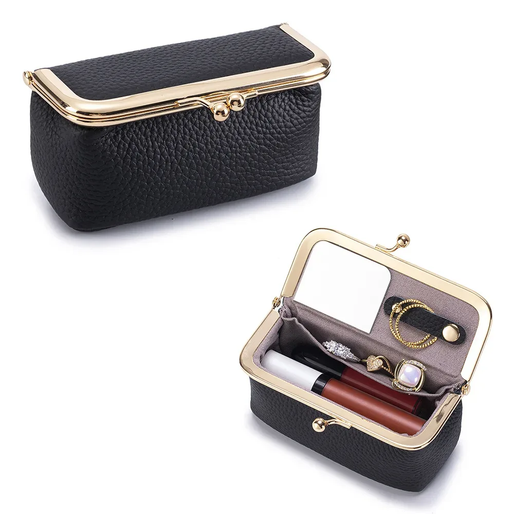 mini trousse de maquillage multifonction en cuir avec miroir, étui de voyage portable pour rouge à lèvres, bijoux, bagues, petits objets