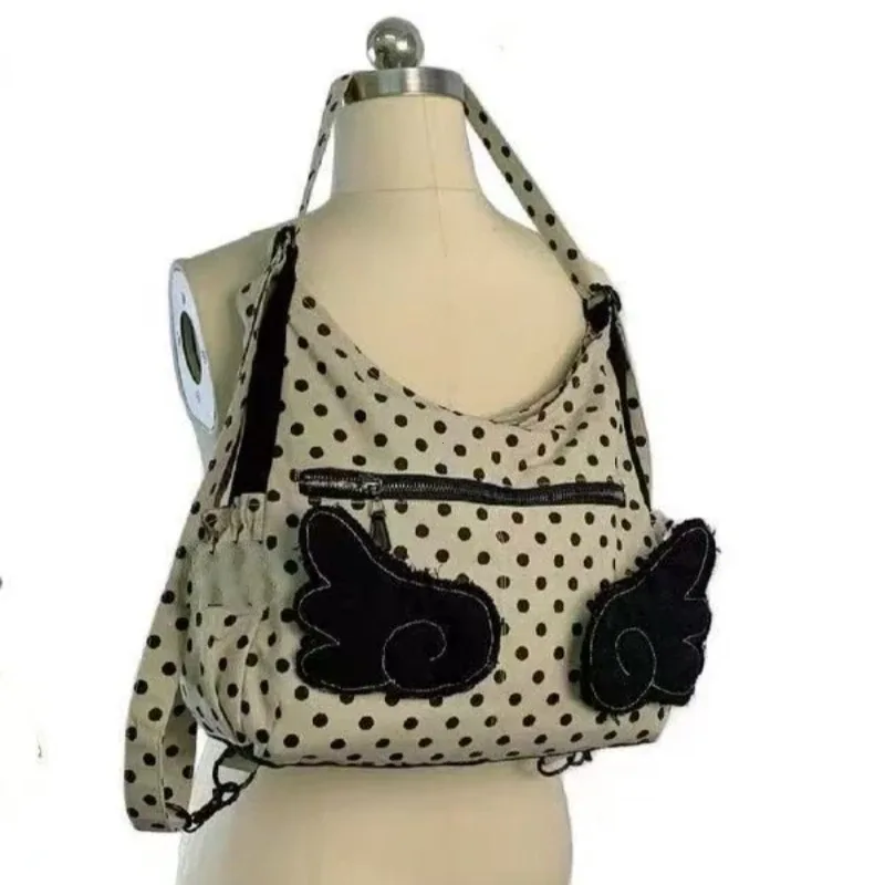 sac à bandoulière coréen à pois pour femmes, design ailes mignonnes, sac fourre-tout grande capacité, sac à dos tendance y2k pour les trajets quotidiens