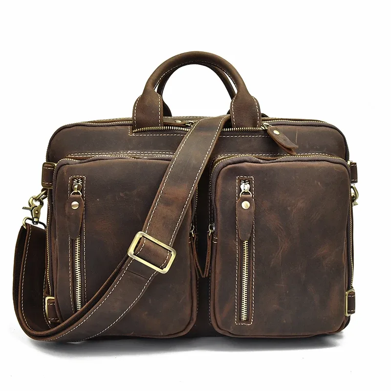 sac à dos en cuir de vache à double fermeture éclair, sac à bandoulière de bonne qualité, mallette de voyage et de bureau à double usage, en cuir pur