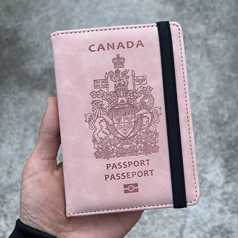 porte-passeport organisateur intérieur rose clair bande noire blason canada texte voyage rfid accessoires voyage