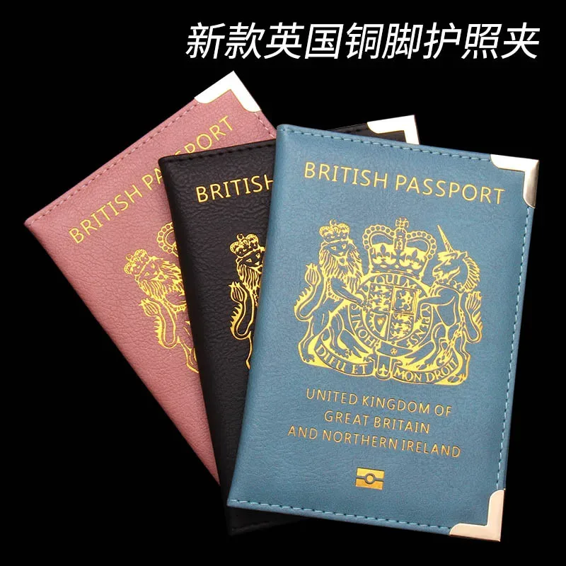 accessoires de voyage porte-passeport britannique avec pieds en cuivre, couverture de passeport en pu, portefeuilles d'angle en métal fin, porte-carte d'identité