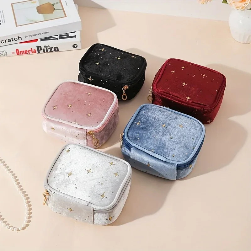 trousse de maquillage en velours sparkling star, pochette multi-usage de grande capacité avec fermeture éclair dorée pour pièces de monnaie de maquillage, 4 couleurs
