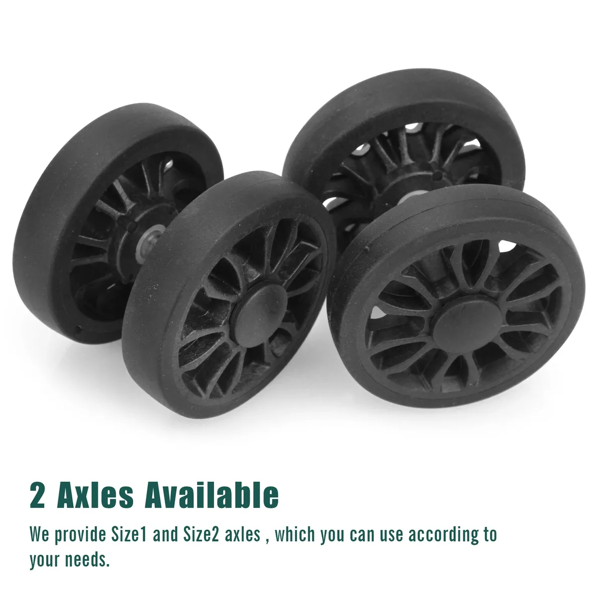 roues remplacement plastique noires motif radial douze rayons format cinquante millimètres usage réparation valises voyage