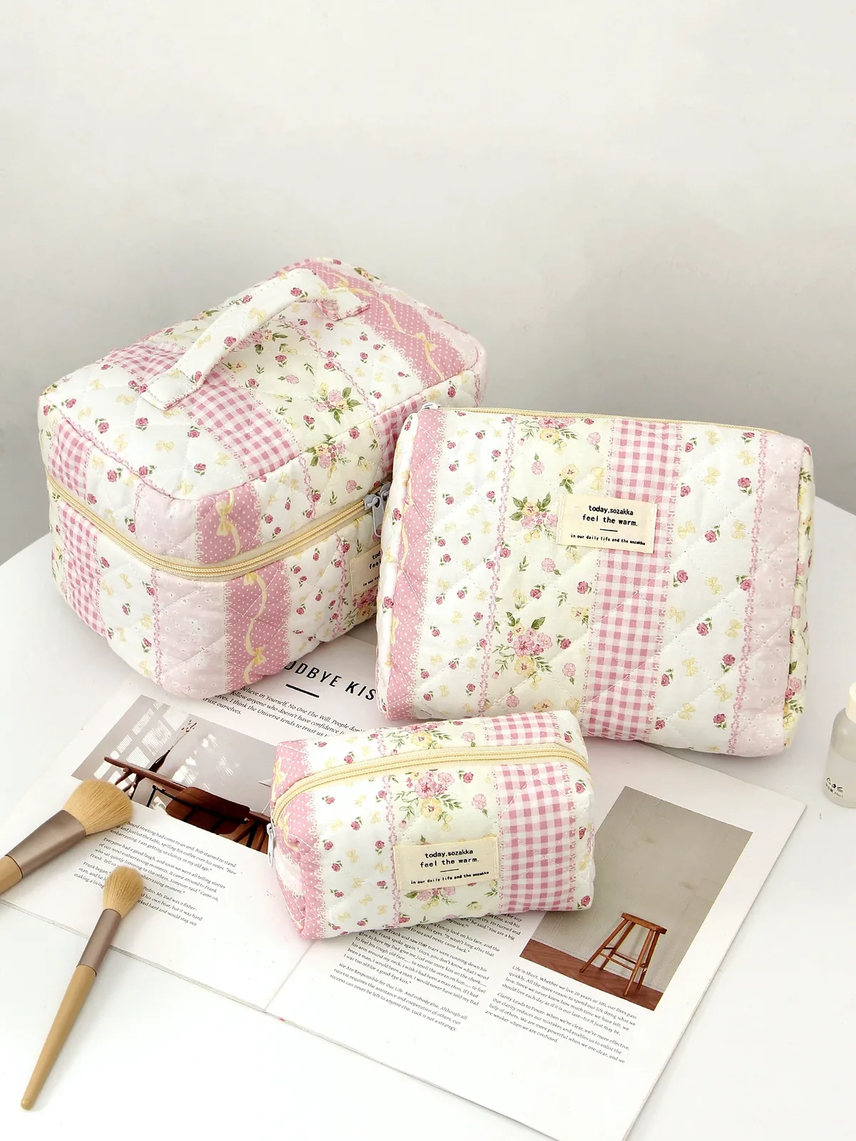 Trousse Toilette Polyester Motifs Floral Géométrique Rose Blanc Beige Voyage Grande Capacité Maquillage Cosmétiques