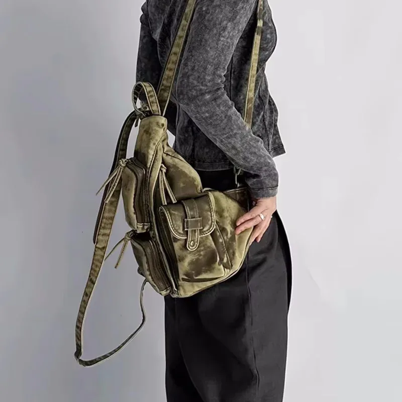 sac dos cuir pu vert olive beige petit format multi poches poche ouverte fermeture éclair style vintage femme voyage