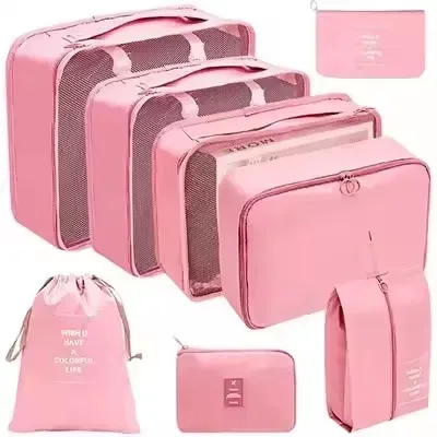 organisateur voyage polyester beige clair sac rangement vêtements chaussures sous-vêtements pochettes transparentes cubes modularité transport