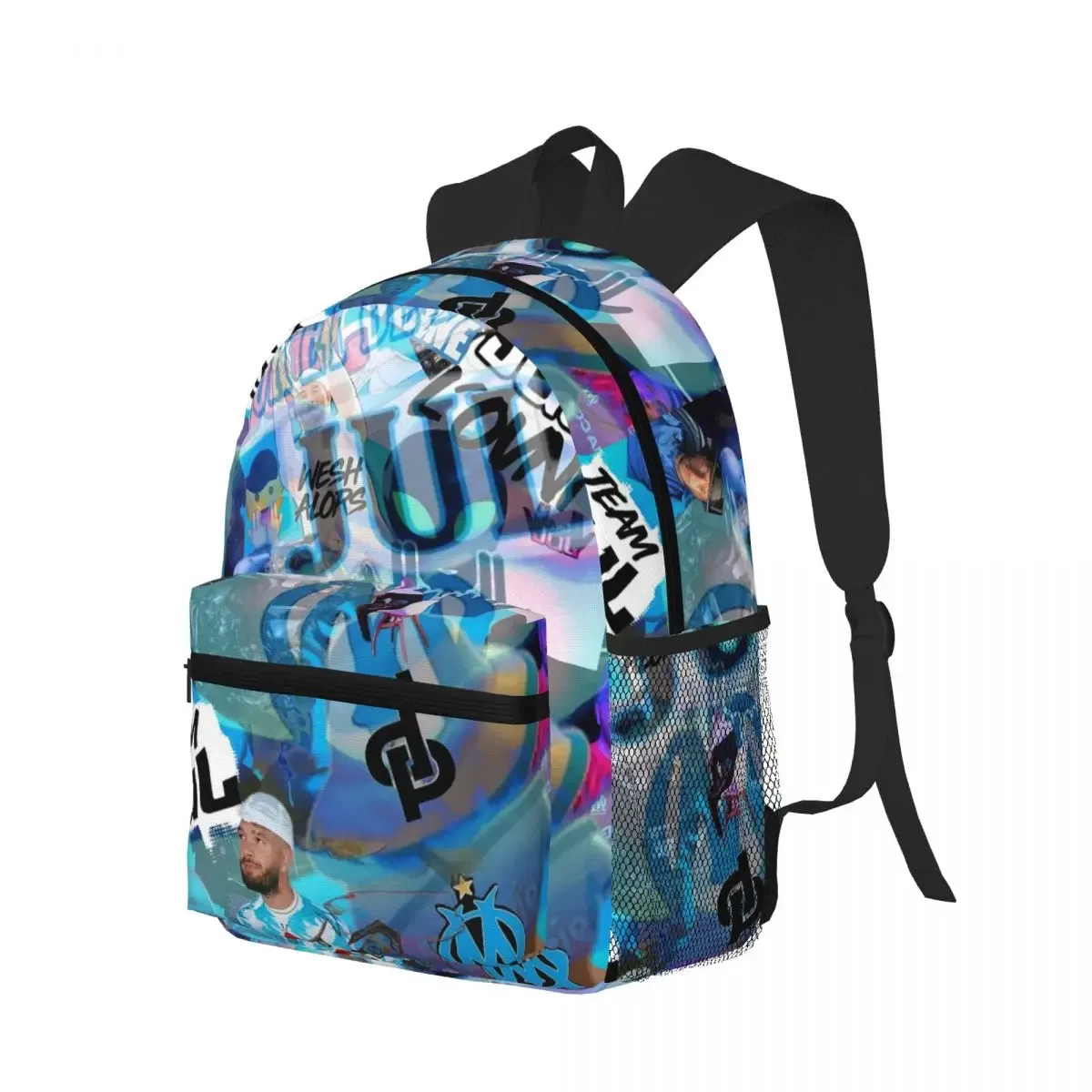 sac dos polyester motif coloré relief trousseaux beige noir bleu format rectangulaire poches lateral maille noire usage étudiant école voyage