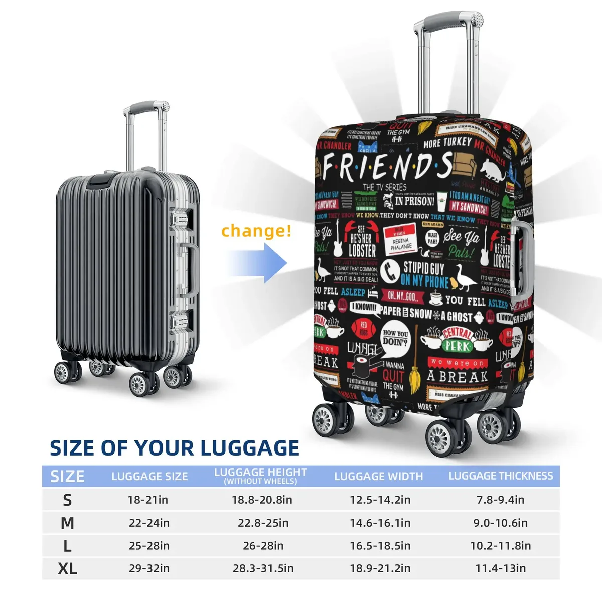 housse de protection pour bagages, motif personnalisé de la série télévisée friends, avec citation amusante, convient aux valises de 18 à 32 pouces