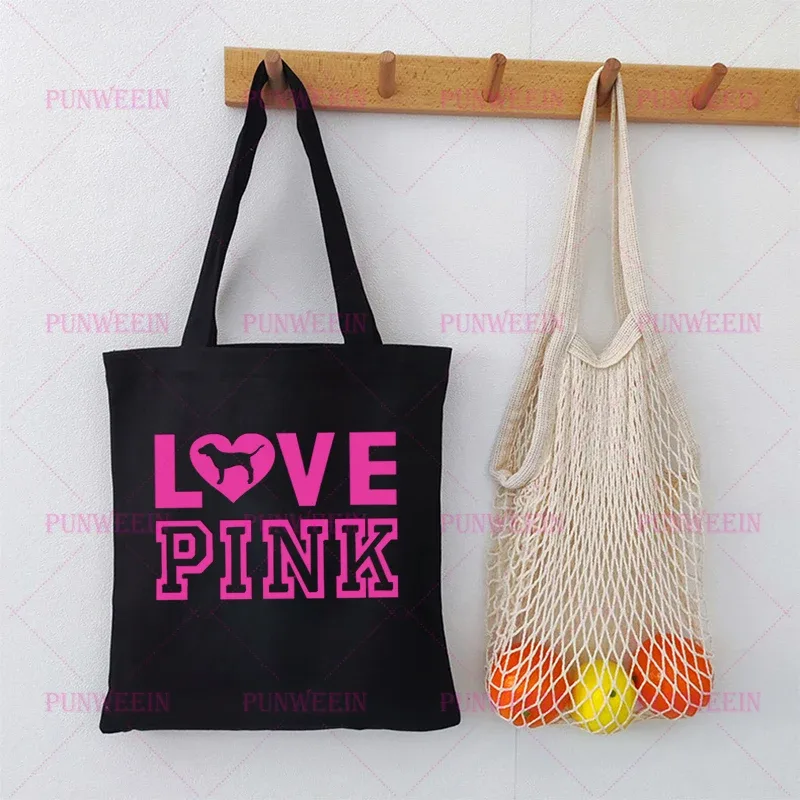 sac en toile imprimé love pink pour femmes, sac de shopping décontracté kawaii mignon, sac à main harajuku, sac à bandoulière vintage y2k, sub-culture
