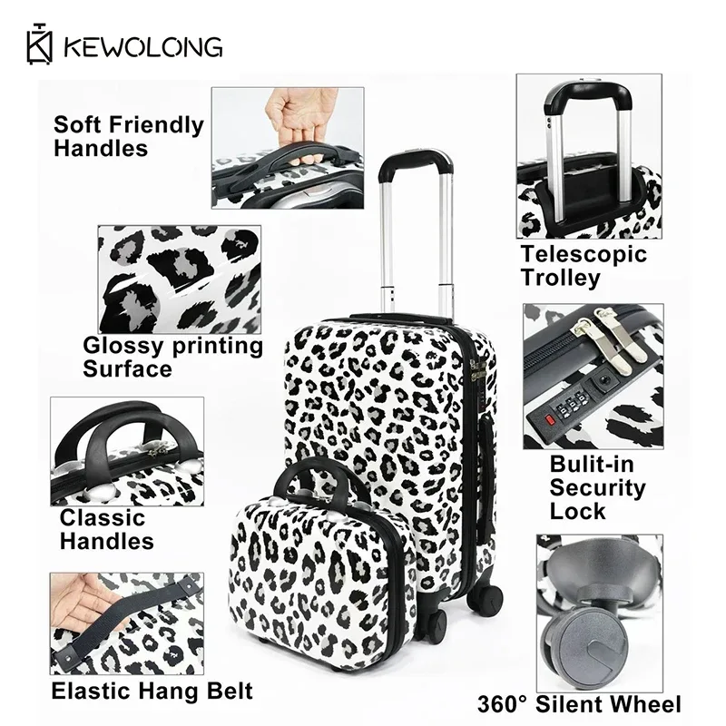 ensemble de bagages 2 pièces à imprimé léopard, valise rigide à roulettes avec serrure et rotation à 360° ° valise de voyage légère à roulettes
