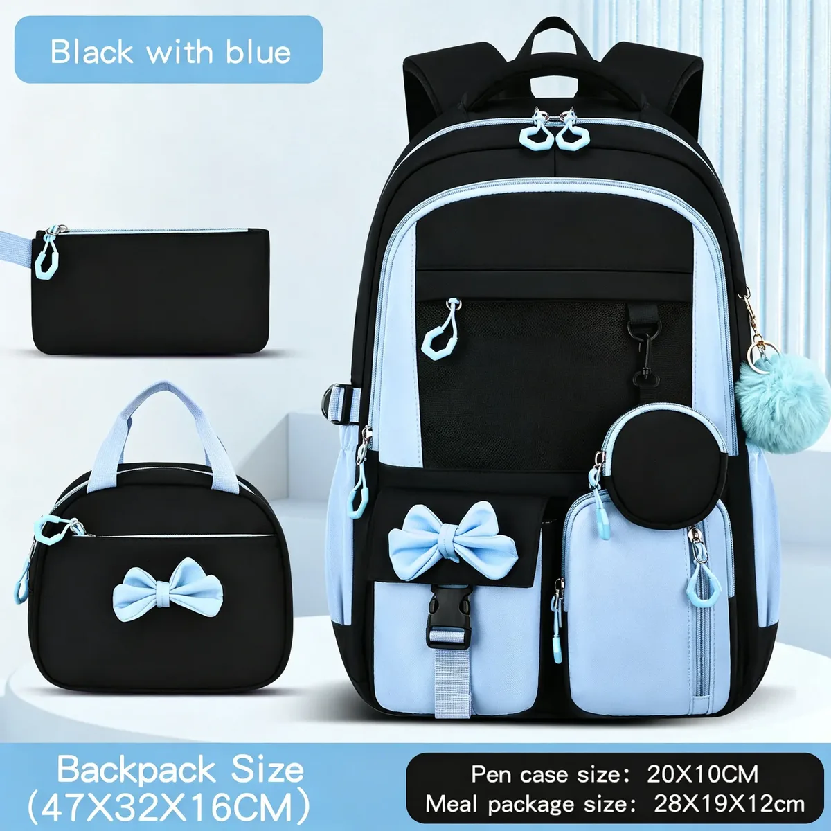 sac dos oxford polyester noir accents roses noeud papillon poche limon ceinture coussin air style préppy jacquard usage école voyage