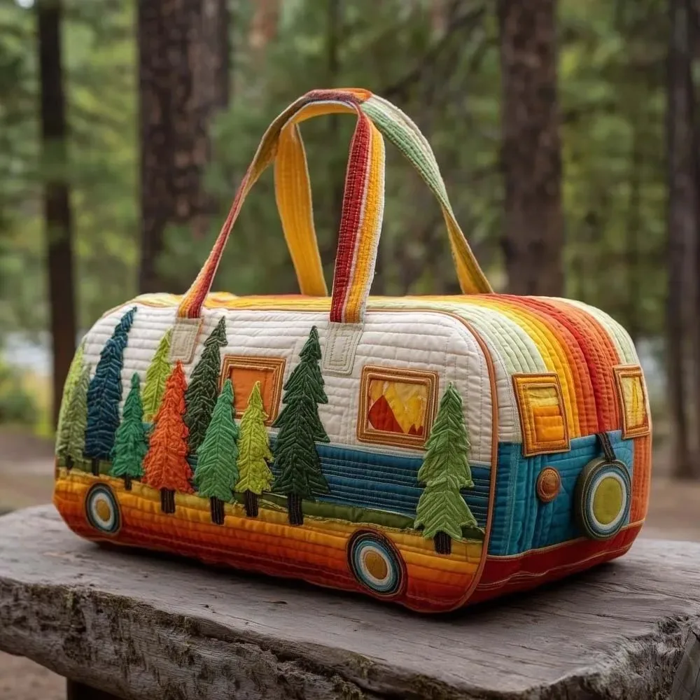 sac de voyage matelassé grande capacité imprimé motif bus, en tissu doux et léger, avec fermeture éclair durable