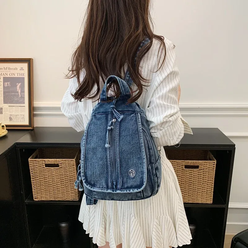 sac à dos en jean tendance pour femme, sac d'école décontracté, sac de voyage rétro délavé, sac à dos léger, sac à bandoulière pour usage quotidien