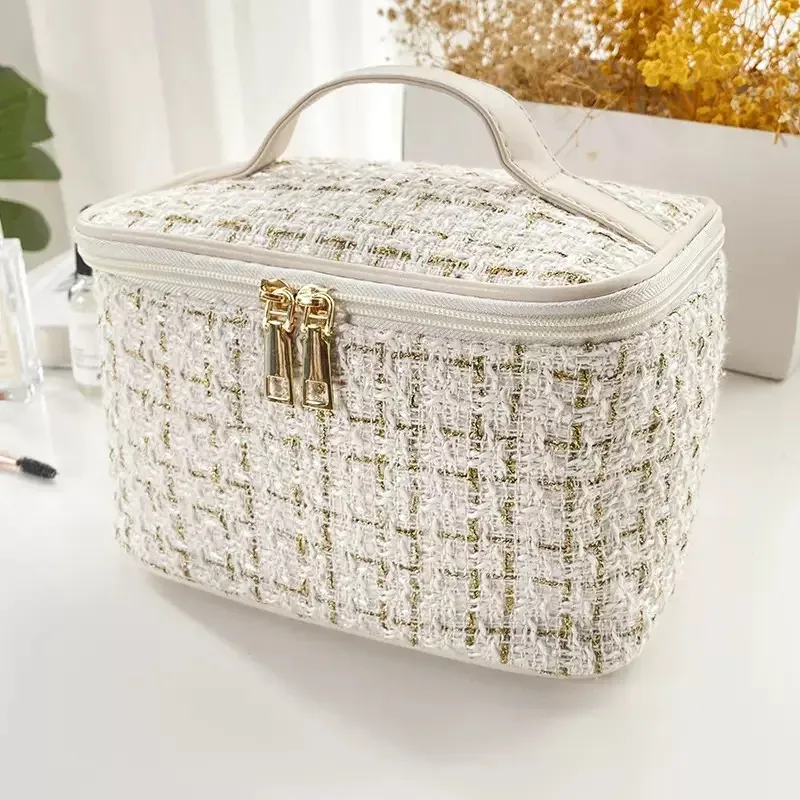 Trousse Toilette Tweed Luxe Blanc Doré Zip Double Poignée Supérieure Compartiments Multiples Voyage Femmes